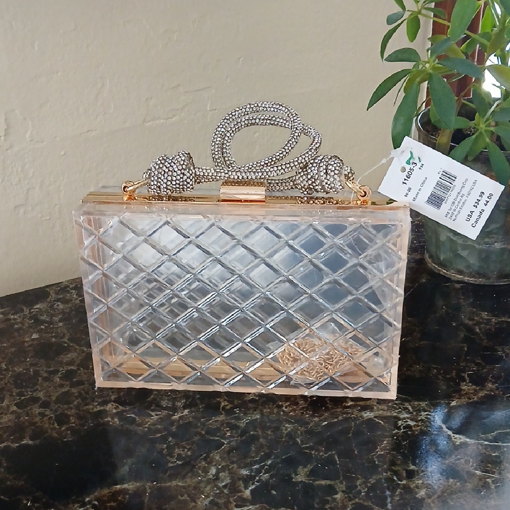 NWT Elegant Clear Clutch with Gold Accents